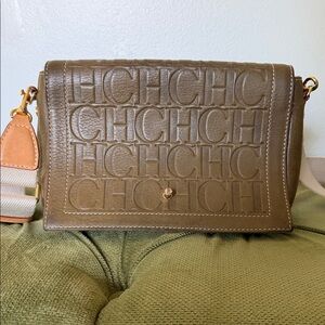 Carolina Herrera Medium Size Andy Olive Brown Embossed CH Leather Crossbody Bag